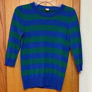 J. Crew 100% Merino Wool Blue and Green Rugby Striped Teddie Sweater